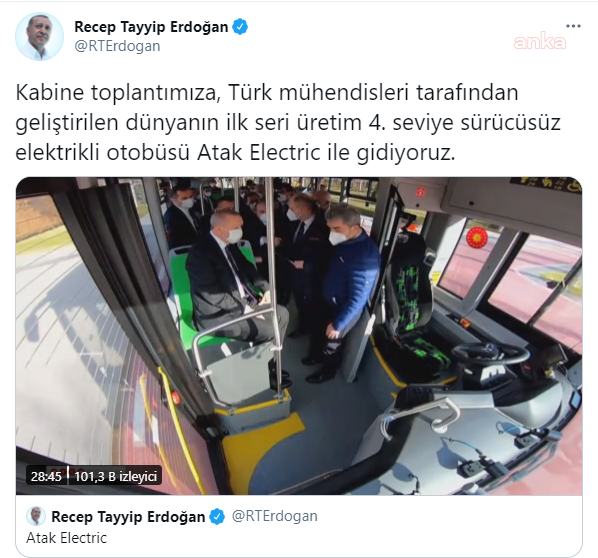 Erdoğan, Saray�ın bahçesinde sürücüsüz otobüsü test etti